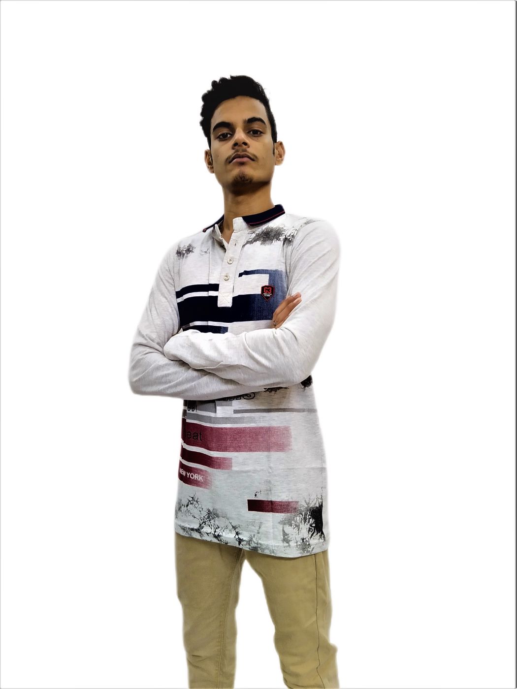 Men's White Printed Mandarin Collar Full Sleeve T-Shirt - Image 3