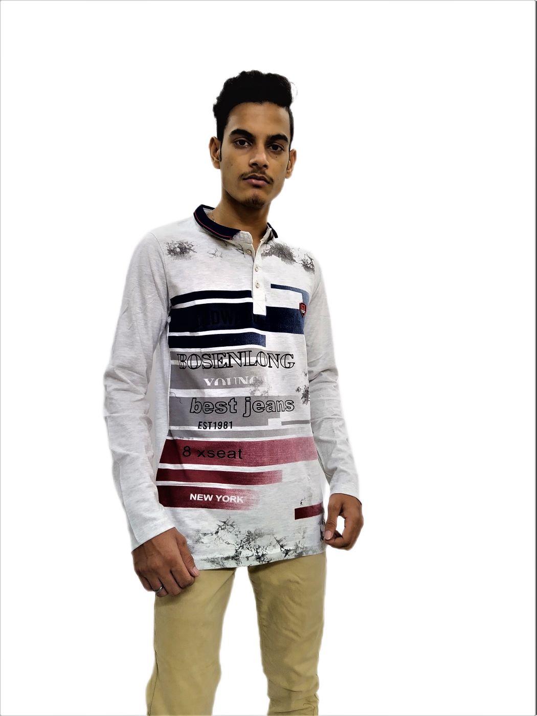 Men's White Printed Mandarin Collar Full Sleeve T-Shirt - Image 4