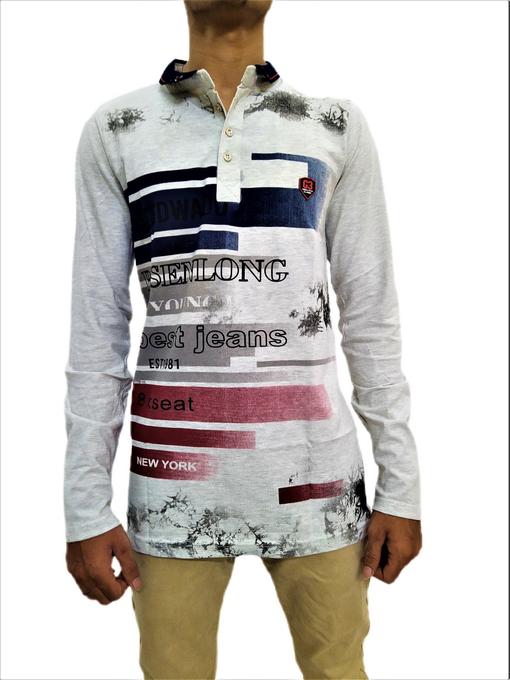Men's White Printed Mandarin Collar Full Sleeve T-Shirt - Image 6