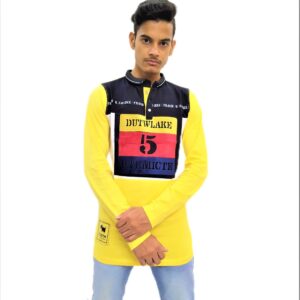 Men's Yellow Printed Mandarin Collar Full Sleeve T-Shirt