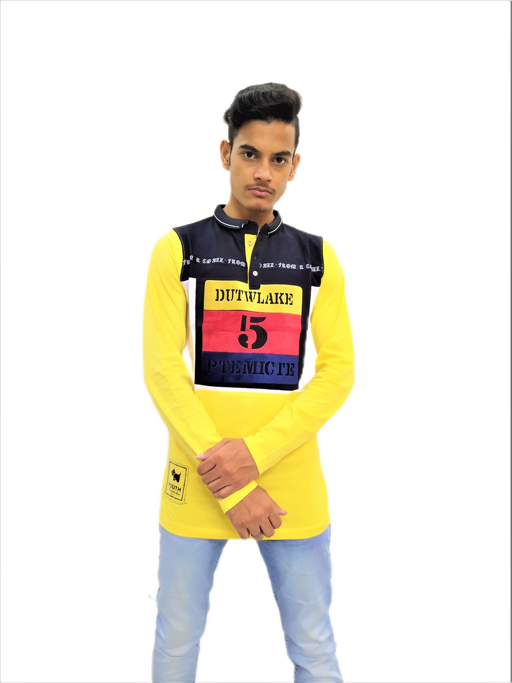 Men's Yellow Printed Mandarin Collar Full Sleeve T-Shirt