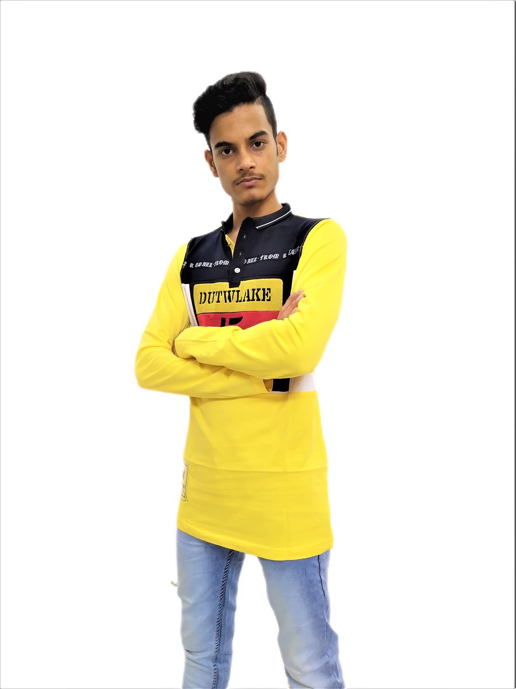 Men's Yellow Printed Mandarin Collar Full Sleeve T-Shirt - Image 2