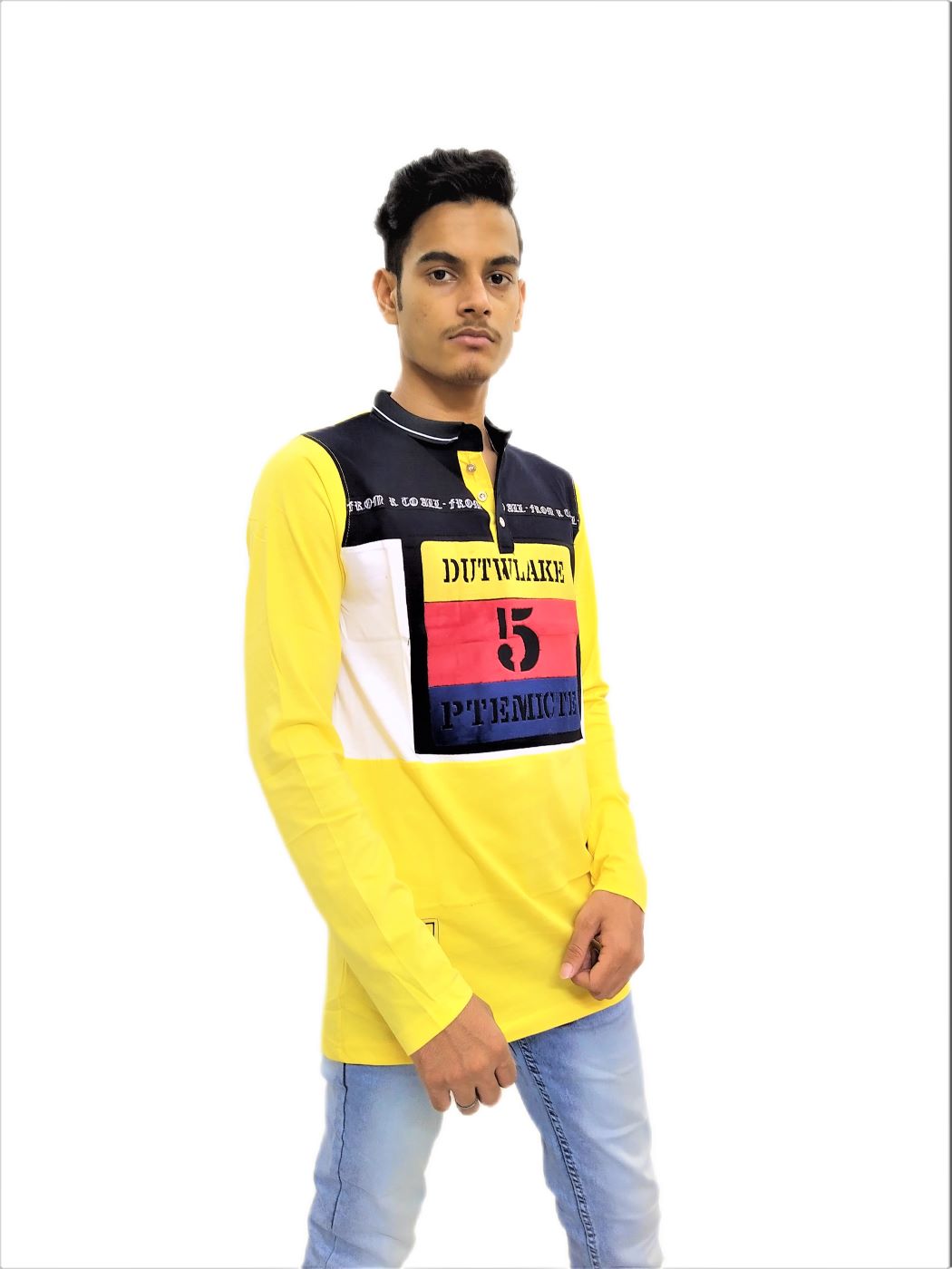 Men's Yellow Printed Mandarin Collar Full Sleeve T-Shirt - Image 3