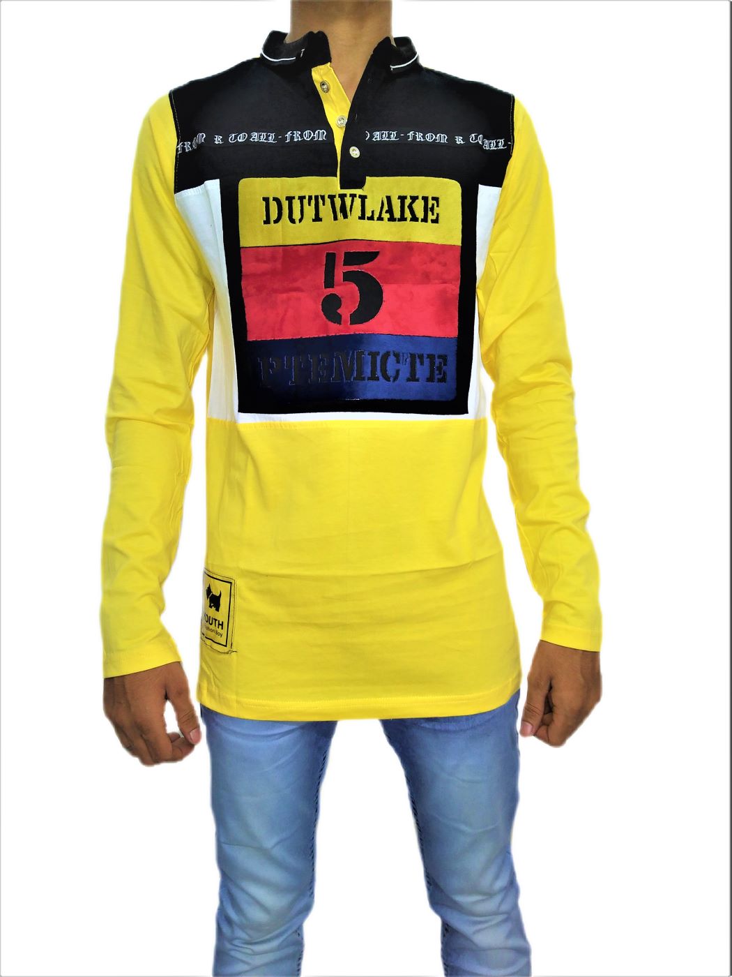 Men's Yellow Printed Mandarin Collar Full Sleeve T-Shirt - Image 5