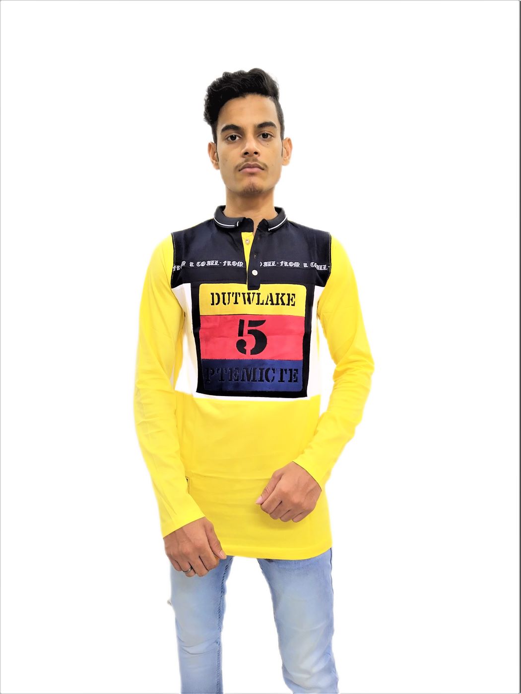Men's Yellow Printed Mandarin Collar Full Sleeve T-Shirt - Image 6