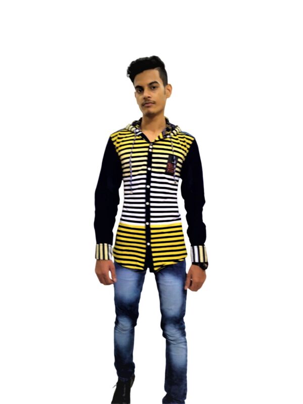 Men's Stylish Black Stripe On Yellow Base Hooded Buttoned Down Casual Shirt - Image 3
