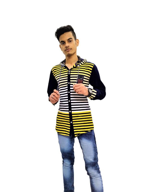 Men's Stylish Hooded Neck Navy Blue Yellow Sriped Buttoned Down T-Shirt