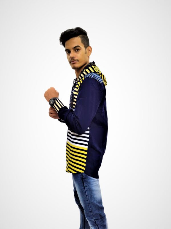Men's Stylish Hooded Neck Navy Blue Yellow Sriped Buttoned Down T-Shirt - Image 8