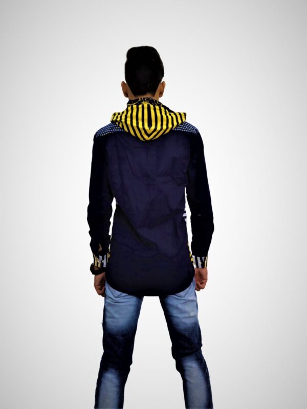 Men's Stylish Hooded Neck Navy Blue Yellow Sriped Buttoned Down T-Shirt - Image 9
