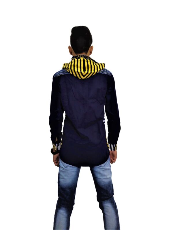 Men's Stylish Hooded Neck Navy Blue Yellow Sriped Buttoned Down T-Shirt - Image 4