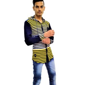 Alternative view of Men's Stylish Black Stripe On Yellow Base Hooded Buttoned Down Casual Shirt