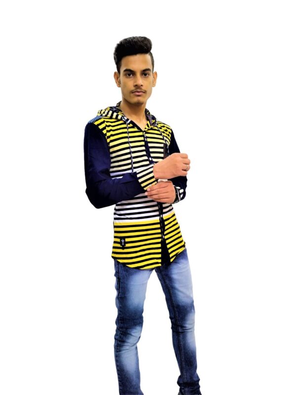 Men's Stylish Hooded Neck Navy Blue Yellow Sriped Buttoned Down T-Shirt - Image 6
