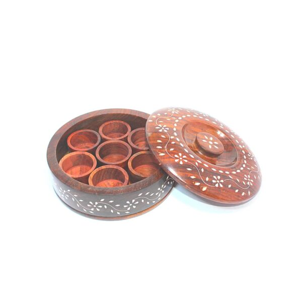 General Utility Wooden Spice / Dry-fruits Round Box / Masala Dabba with 2 cm Thick Lid & Spoon and 7 Inner Bowls of 5.5 cm Dia. x 5mm Thick,Main Box Outer Dia : 20.5 cm and Height 7.5 cm. All Constructed From Premium Quality Solid Sheesham Wood Blocks Having Carved Floral Engravings - Image 8