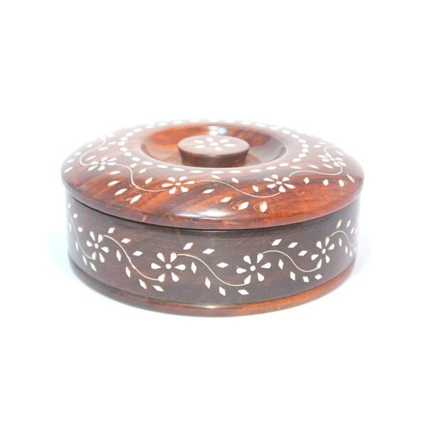 General Utility Wooden Spice / Dry-fruits Round Box / Masala Dabba with 2 cm Thick Lid & Spoon and 7 Inner Bowls of 5.5 cm Dia. x 5mm Thick,Main Box Outer Dia : 20.5 cm and Height 7.5 cm. All Constructed From Premium Quality Solid Sheesham Wood Blocks Having Carved Floral Engravings - Image 9
