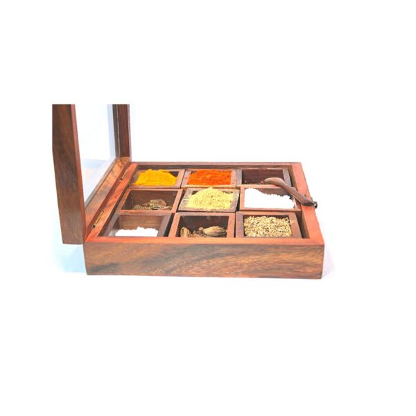 Spice/Dry-fruits Multipurpose Utility Box Set For Kitchen With 9 Containers - made of sheesham wood | Masala Box | Spice Rack| Spice Holders | Wooden Masala Dabba For Kitchen - Size :- 21x21x5.5 cm with transparent glass lid Along with 10x2 cm Spoon - Image 2