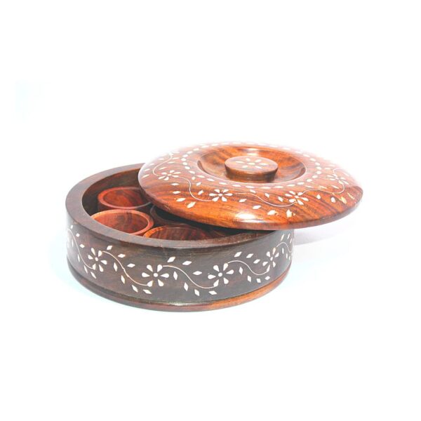 General Utility Wooden Spice / Dry-fruits Round Box / Masala Dabba with 2 cm Thick Lid & Spoon and 7 Inner Bowls of 5.5 cm Dia. x 5mm Thick,Main Box Outer Dia : 20.5 cm and Height 7.5 cm. All Constructed From Premium Quality Solid Sheesham Wood Blocks Having Carved Floral Engravings - Image 2