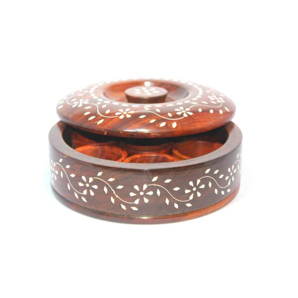 General Utility Wooden Spice / Dry-fruits Round Box / Masala Dabba with 2 cm Thick Lid & Spoon and 7 Inner Bowls of 5.5 cm Dia. x 5mm Thick,Main Box Outer Dia : 20.5 cm and Height 7.5 cm. All Constructed From Premium Quality Solid Sheesham Wood Blocks Having Carved Floral Engravings - Image 3