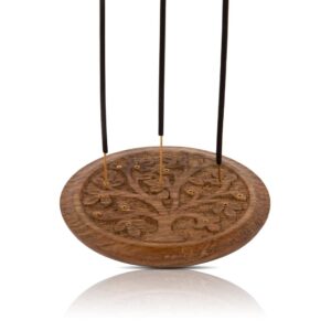 Alternative view of Wooden Incense Stick Burner/Holder/ Eco Friendly/ Agarbatti Holder, hand carved made of Red Sheesham wood 11 cm dia x 1 cm thick with Engraved Brass Nipples for Stick Holding, Home/ Office / Meditation Fragrance Product