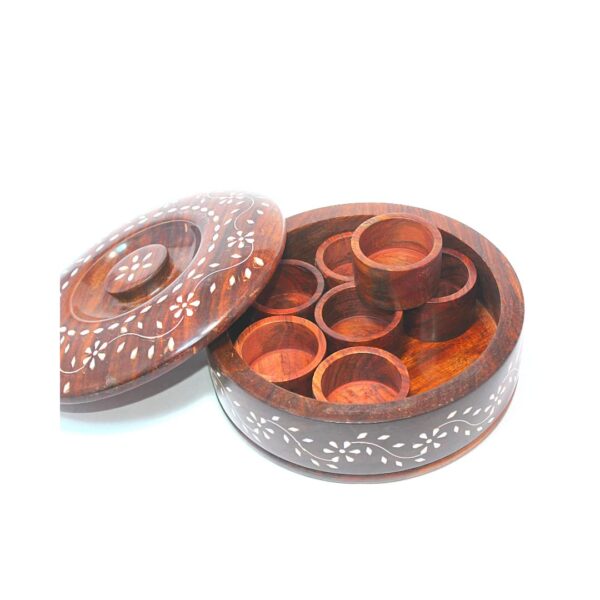 General Utility Wooden Spice / Dry-fruits Round Box / Masala Dabba with 2 cm Thick Lid & Spoon and 7 Inner Bowls of 5.5 cm Dia. x 5mm Thick,Main Box Outer Dia : 20.5 cm and Height 7.5 cm. All Constructed From Premium Quality Solid Sheesham Wood Blocks Having Carved Floral Engravings - Image 4