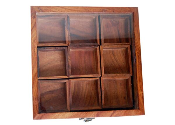 Spice/Dry-fruits Multipurpose Utility Box Set For Kitchen With 9 Containers - made of sheesham wood | Masala Box | Spice Rack| Spice Holders | Wooden Masala Dabba For Kitchen - Size :- 21x21x5.5 cm with transparent glass lid Along with 10x2 cm Spoon - Image 7