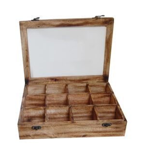 Wooden Multipurpose Utility Big Spice Box/Dry Fruit Box( masala dabba ) of good quality wood with transparent glass lid having 12 item spaces | Size : 30x22.5x6.5 cm, wall thickness : 1 cm, having a joint cabinet of 12 container partitions - and a spoon of 10x2 cm