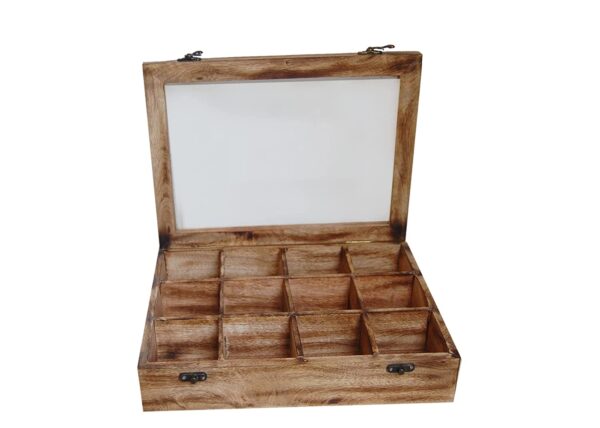 Wooden Multipurpose Utility Big Spice Box/Dry Fruit Box( masala dabba ) of good quality wood with transparent glass lid having 12 item spaces | Size : 30x22.5x6.5 cm, wall thickness : 1 cm, having a joint cabinet of 12 container partitions - and a spoon of 10x2 cm
