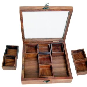 Spice/Dry-fruits Multipurpose Utility Box Set For Kitchen With 9 Containers - made of sheesham wood | Masala Box | Spice Rack| Spice Holders | Wooden Masala Dabba For Kitchen - Size :- 21x21x5.5 cm with transparent glass lid Along with 10x2 cm Spoon