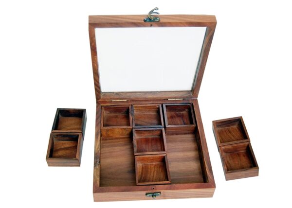 Spice/Dry-fruits Multipurpose Utility Box Set For Kitchen With 9 Containers - made of sheesham wood | Masala Box | Spice Rack| Spice Holders | Wooden Masala Dabba For Kitchen - Size :- 21x21x5.5 cm with transparent glass lid Along with 10x2 cm Spoon