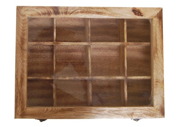 Wooden Multipurpose Utility Big Spice Box/Dry Fruit Box( masala dabba ) of good quality wood with transparent glass lid having 12 item spaces | Size : 30x22.5x6.5 cm, wall thickness : 1 cm, having a joint cabinet of 12 container partitions - and a spoon of 10x2 cm - Image 3