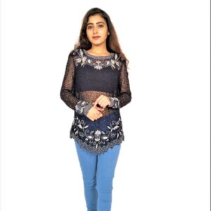 Women Zariwork Solid Black Full Sleeve Wide Round Neck Top