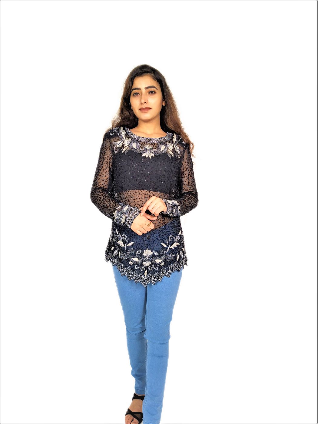 Women Zariwork Solid Black Full Sleeve Wide Round Neck Top