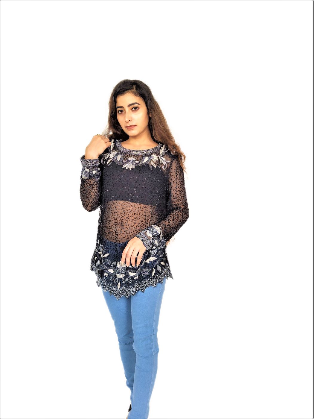 Women Zariwork Solid Black Full Sleeve Wide Round Neck Top - Image 2