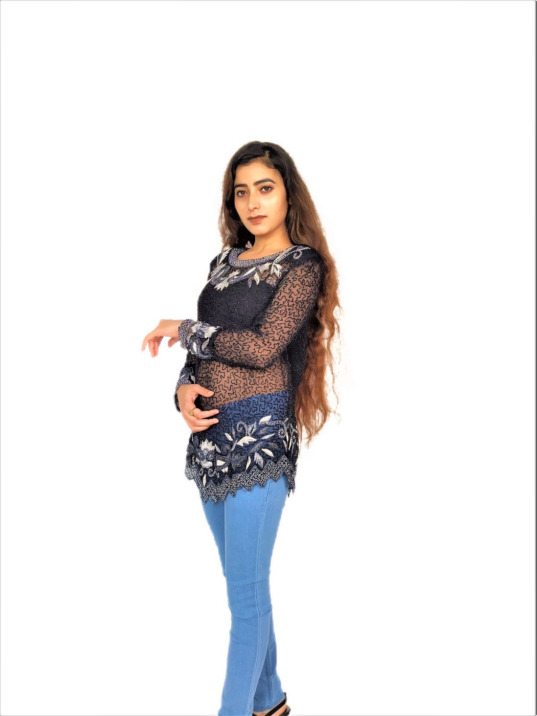 Women Zariwork Solid Black Full Sleeve Wide Round Neck Top - Image 3