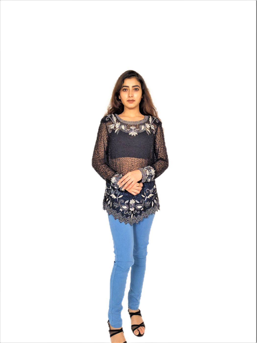 Women Zariwork Solid Black Full Sleeve Wide Round Neck Top - Image 6