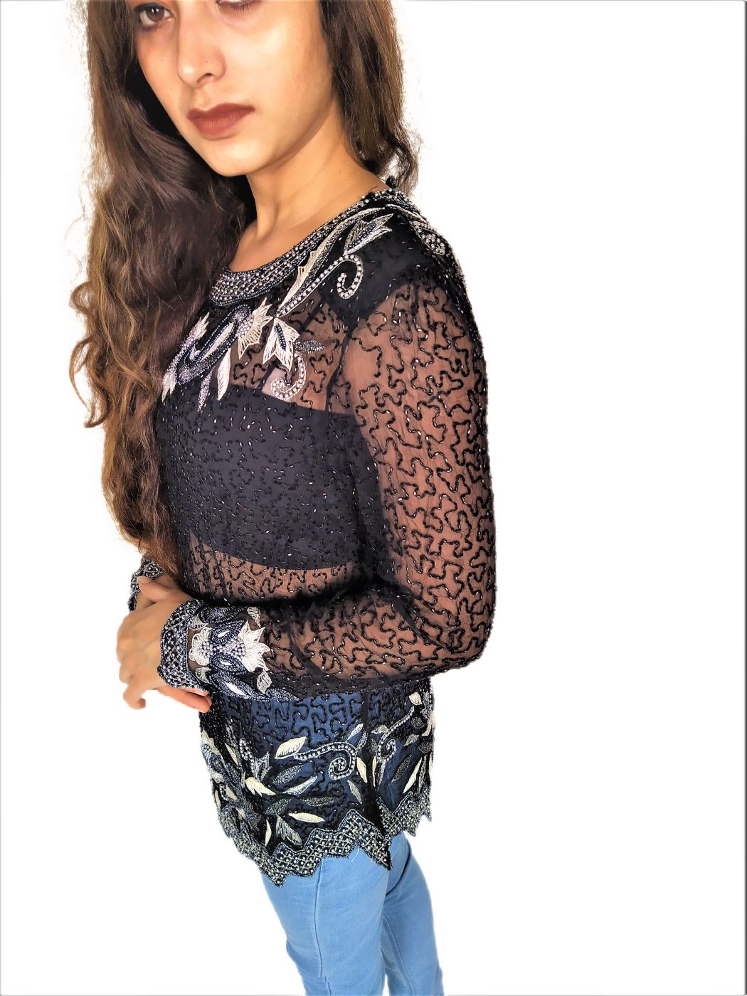 Women Zariwork Solid Black Full Sleeve Wide Round Neck Top - Image 11