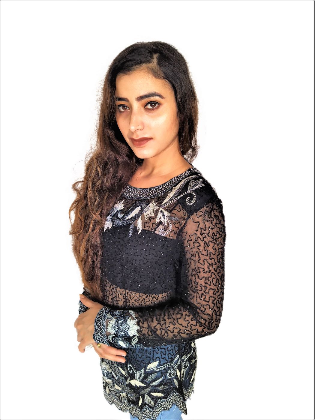 Women Zariwork Solid Black Full Sleeve Wide Round Neck Top - Image 13