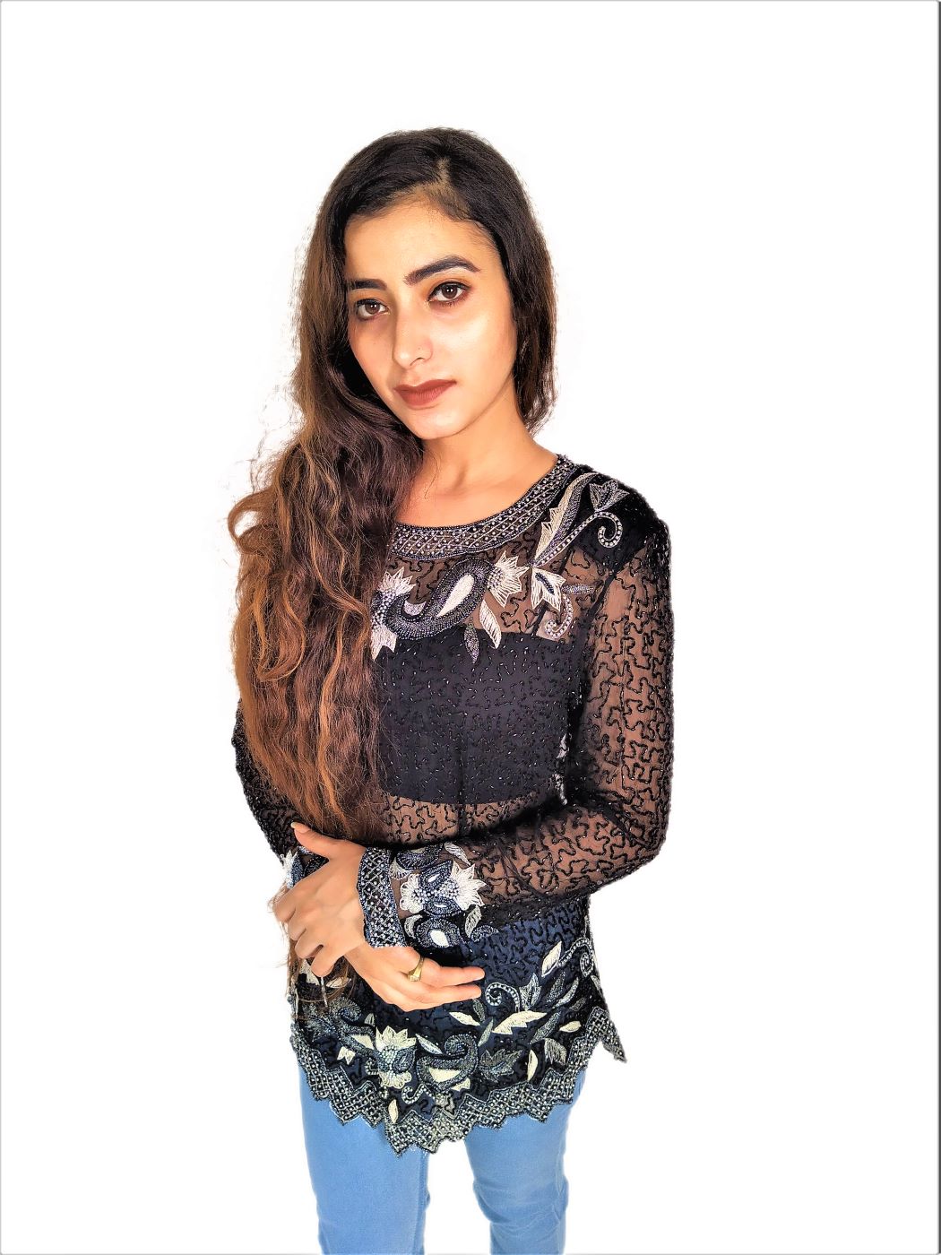 Women Zariwork Solid Black Full Sleeve Wide Round Neck Top - Image 14