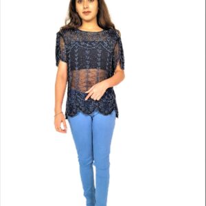 Women Zariwork Solid Black Half Sleeve Wide Round Neck Top