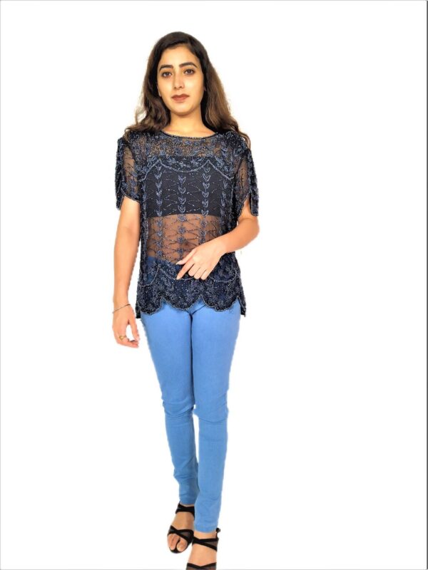 Women Zariwork Solid Black Half Sleeve Wide Round Neck Top