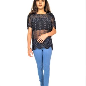 Alternative view of Women Zariwork Solid Black Half Sleeve Wide Round Neck Top