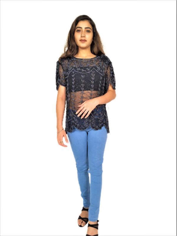 Women Zariwork Solid Black Half Sleeve Wide Round Neck Top - Image 2