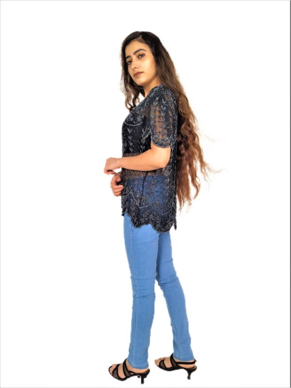 Women Zariwork Solid Black Half Sleeve Wide Round Neck Top - Image 3