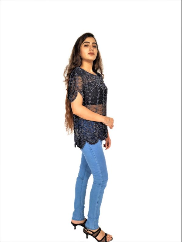 Women Zariwork Solid Black Half Sleeve Wide Round Neck Top - Image 4