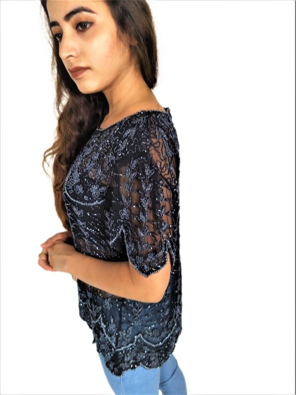 Women Zariwork Solid Black Half Sleeve Wide Round Neck Top - Image 6