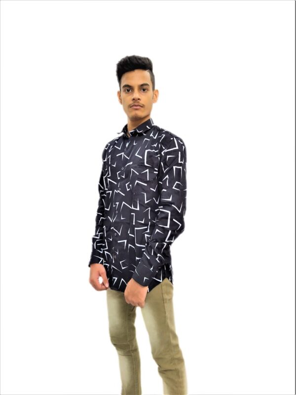Dark Black With White Zig-Zag Printed Shirt For Men - Image 3