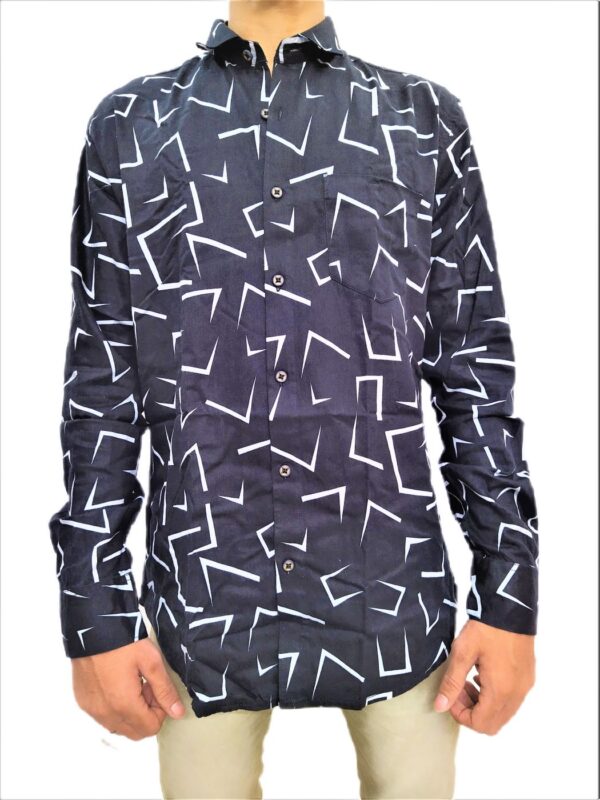 Dark Black With White Zig-Zag Printed Shirt For Men - Image 7
