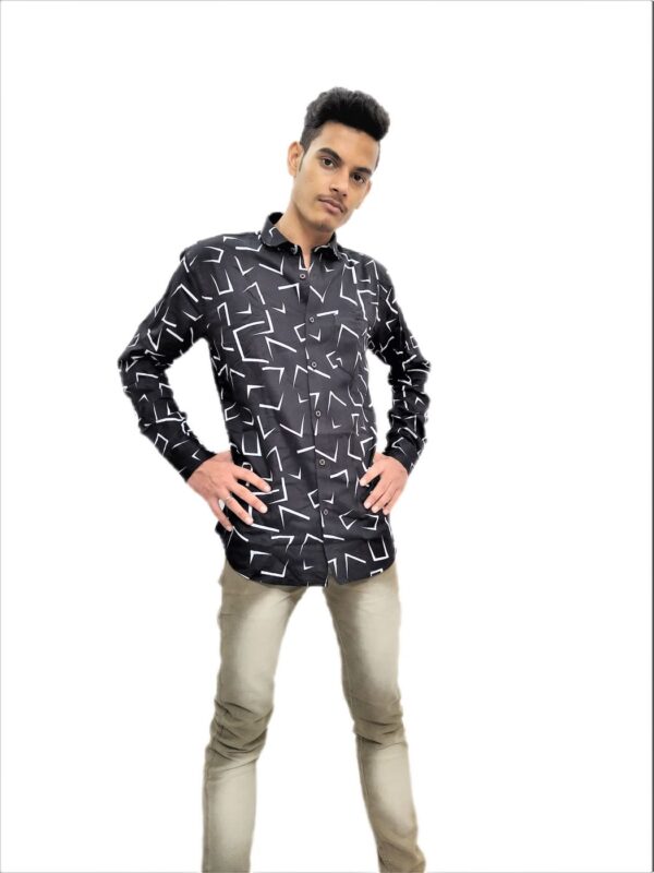 Dark Black With White Zig-Zag Printed Shirt For Men - Image 8