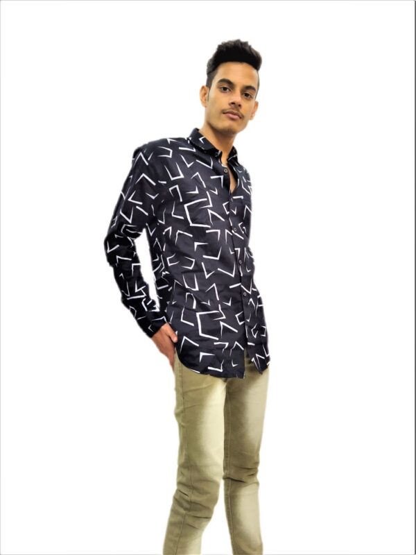 Dark Black With White Zig-Zag Printed Shirt For Men - Image 9