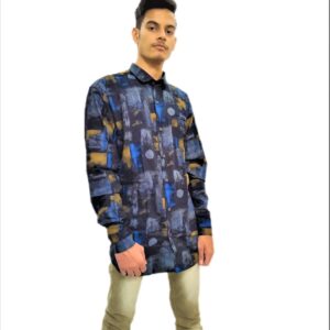 Men's Dark Black With Multi Color Printed Soft Premium Denim Casual Shirt