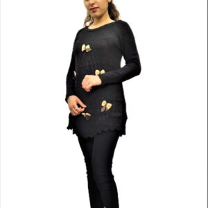 Black Woven Round Neck Casual Regular Sleeve Self Design Women Top